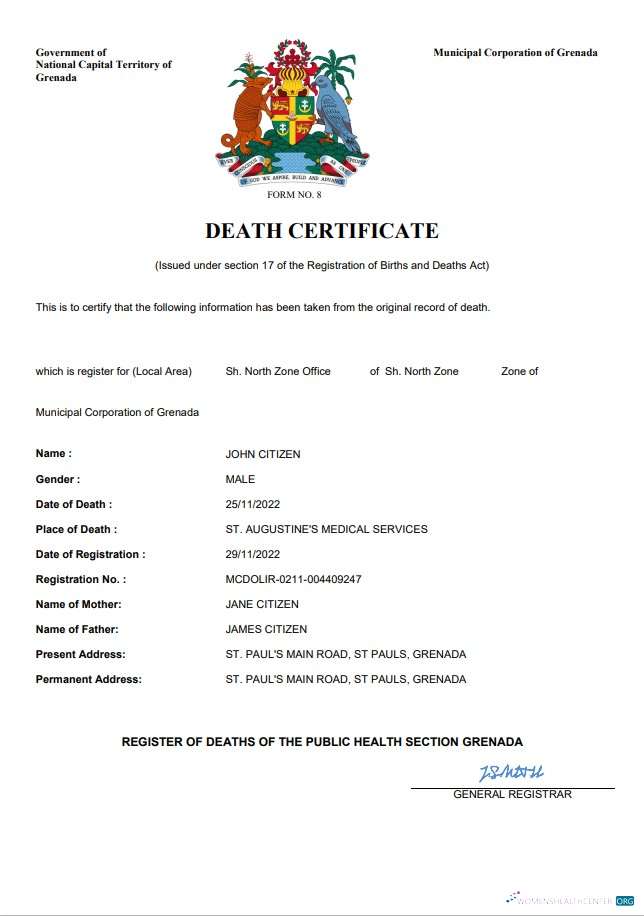 Премиум Скачать Гренада Vital Record Death Certificate Word и PDF Шаблон Photoshop Шаблон