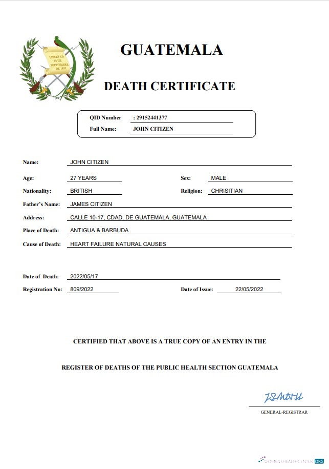 Редактируемый Скачать Гватемала Death Certificate Word и PDF Шаблон Photoshop Шаблон