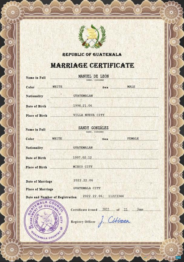 Реалистичный Скачать Гватемала Marriage Certificate PSD Шаблон Photoshop Шаблон