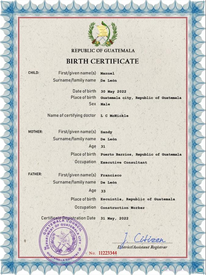 Реалистичный Скачать Гватемала Vital Record Birth Certificate PSD Шаблон Photoshop Шаблон