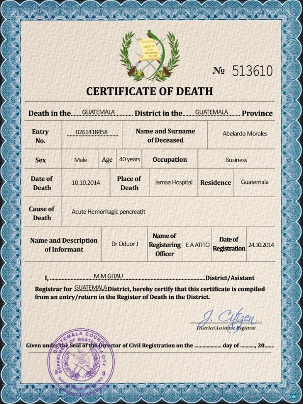Реалистичный Скачать Гватемала Vital Record Death Certificate PSD Шаблон Photoshop Шаблон