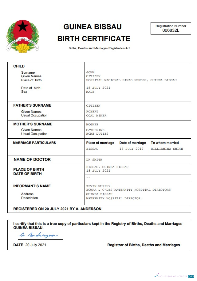 Реалистичный Скачать Гвинея Bissau Birth Certificate Photoshop Шаблон