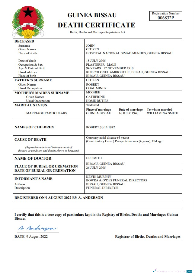 Профессиональный Скачать Гвинея Bissau Death Certificate Photoshop Шаблон
