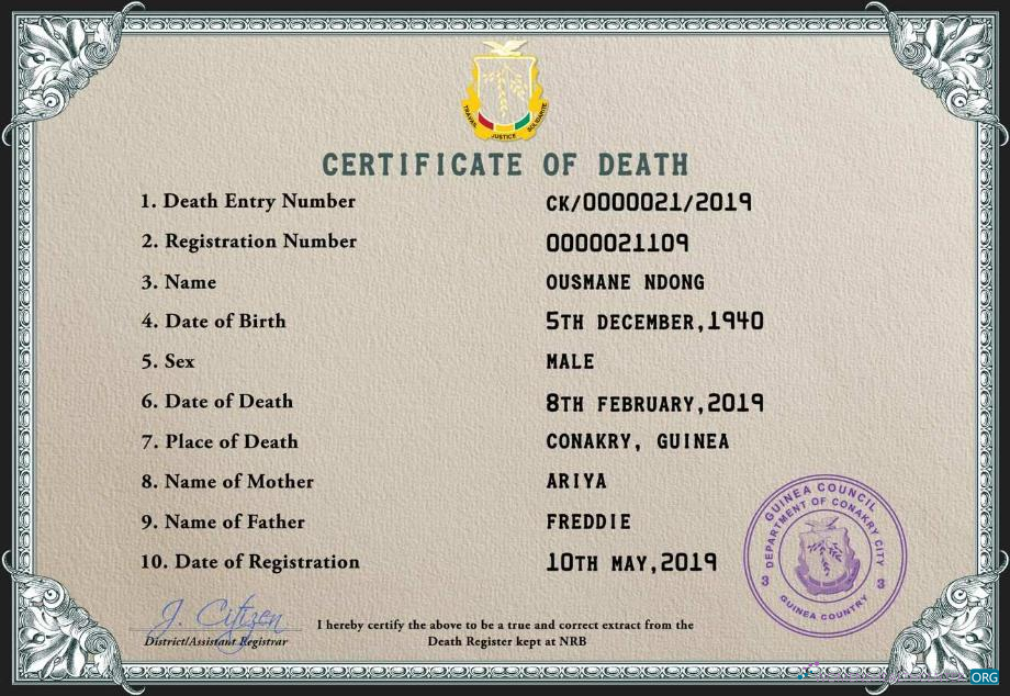 Редактируемый Скачать Гвинея Death Certificate PSD Шаблон Photoshop Шаблон