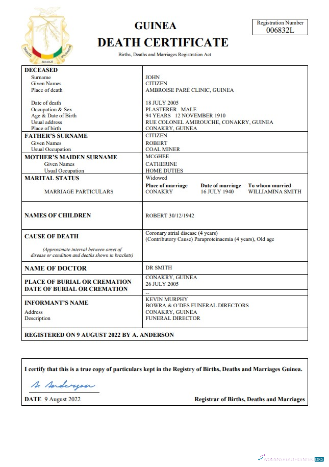 Профессиональный Скачать Гвинея Death Certificate Word и PDF Шаблон, Photoshop Шаблон