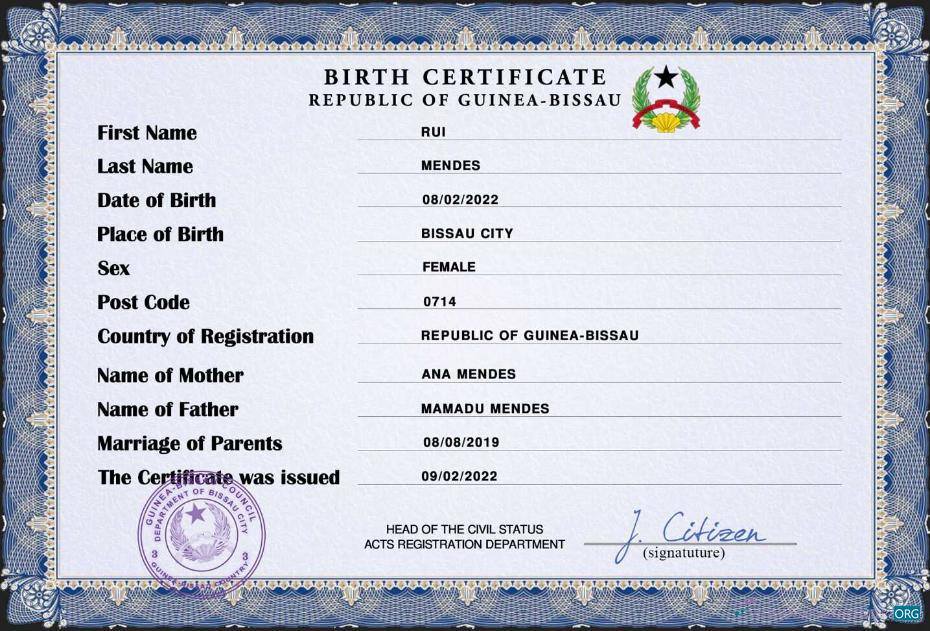 Профессиональный Скачать Гвинея Bissau Birth Certificate PSD Шаблон Photoshop Шаблон