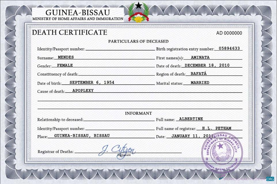 Профессиональный Скачать Гвинея Bissau Vital Record Death Certificate PSD Шаблон Photoshop Шаблон