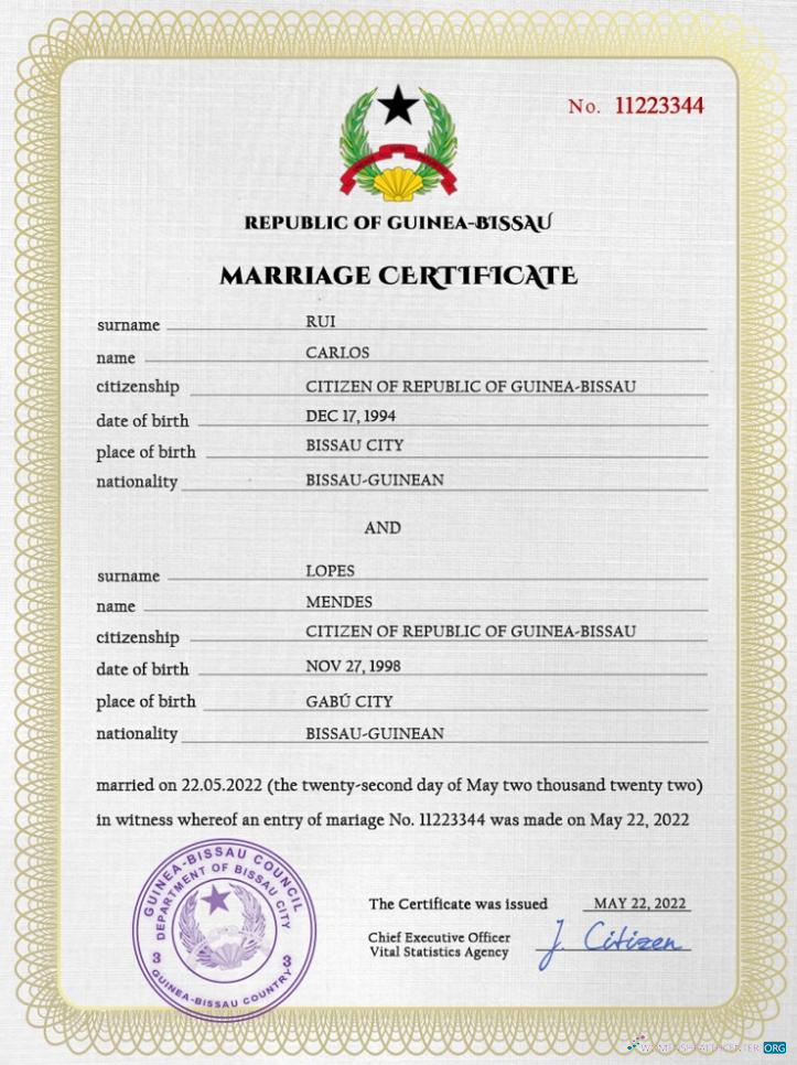 Качественный Скачать Guniea Bissau Marriage Certificate PSD Шаблон Photoshop Шаблон
