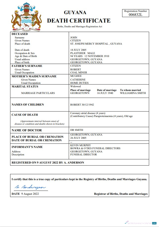 Реалистичный Скачать Гайана Death Certificate Word и PDF Шаблон Photoshop Шаблон