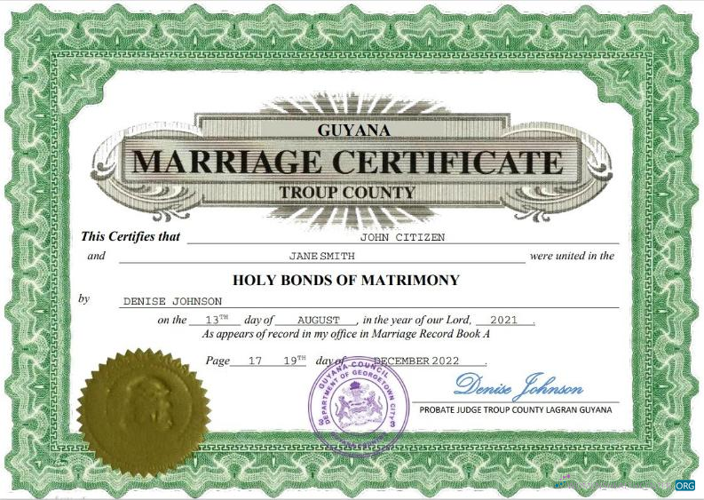 Реалистичный Скачать Гайана Marriage Certificate Word и PDF Photoshop Шаблон