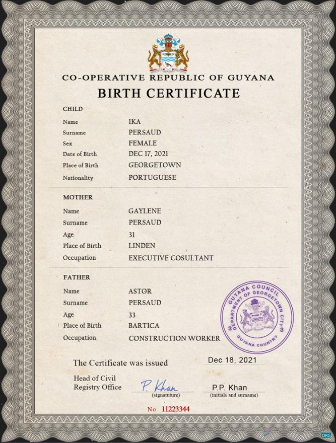Премиум Скачать Гайана Vital Record Birth Certificate PSD Шаблон Photoshop Шаблон
