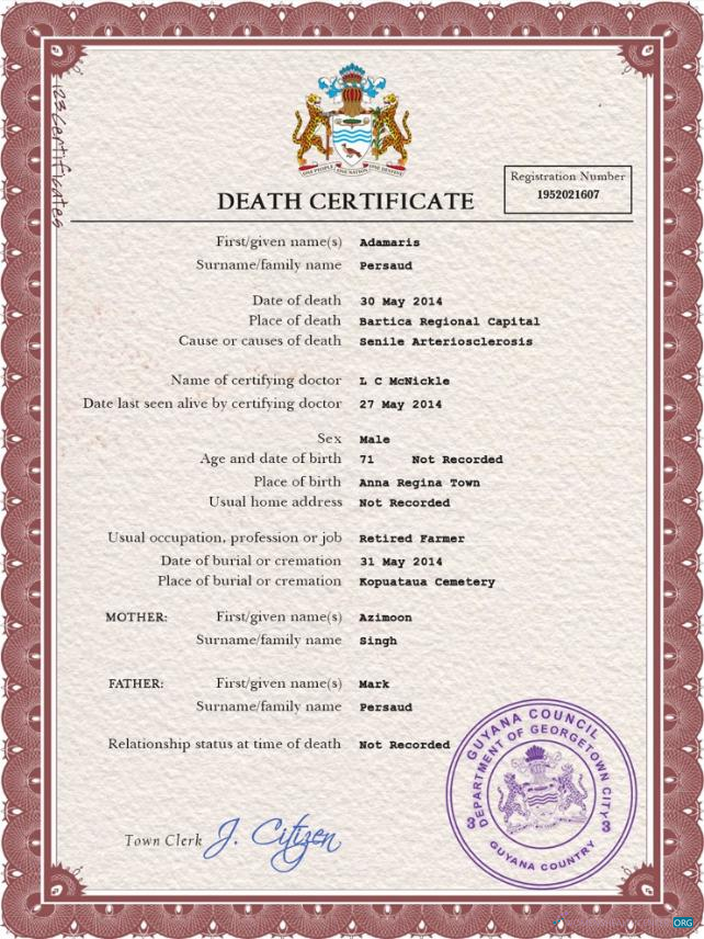 Реалистичный Скачать Гайана Vital Record Death Certificate PSD Шаблон Photoshop Шаблон