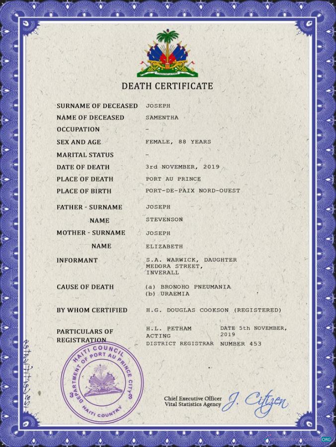 Реалистичный Скачать Гаити Death Certificate PSD Шаблон Photoshop Шаблон