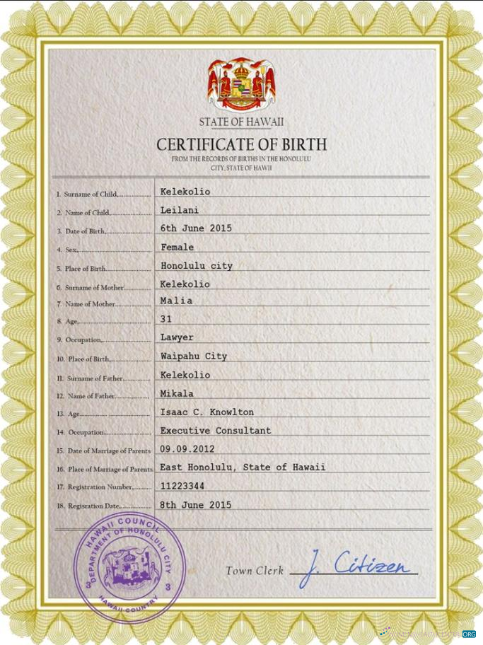 Премиум Скачать Hawaii Birth Certificate PSD Шаблон Photoshop Шаблон