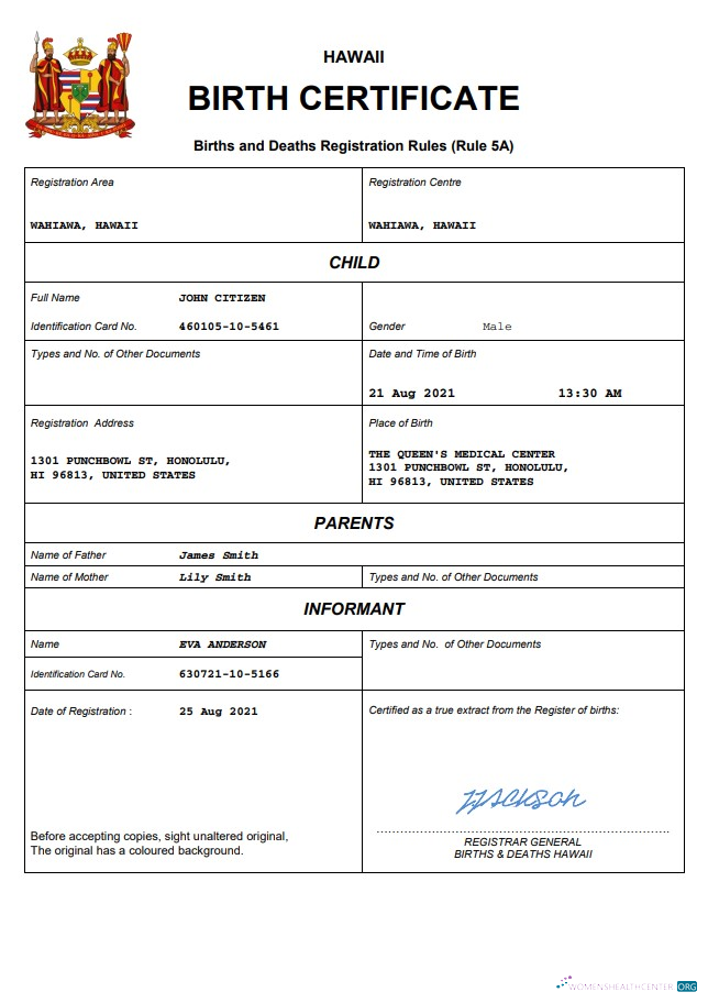 Премиум Скачать Hawaii Birth Certificate Word и PDF Шаблон Photoshop Шаблон