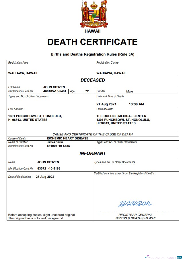 Качественный Скачать Hawaii Death Certificate Word и PDF Шаблон Photoshop Шаблон