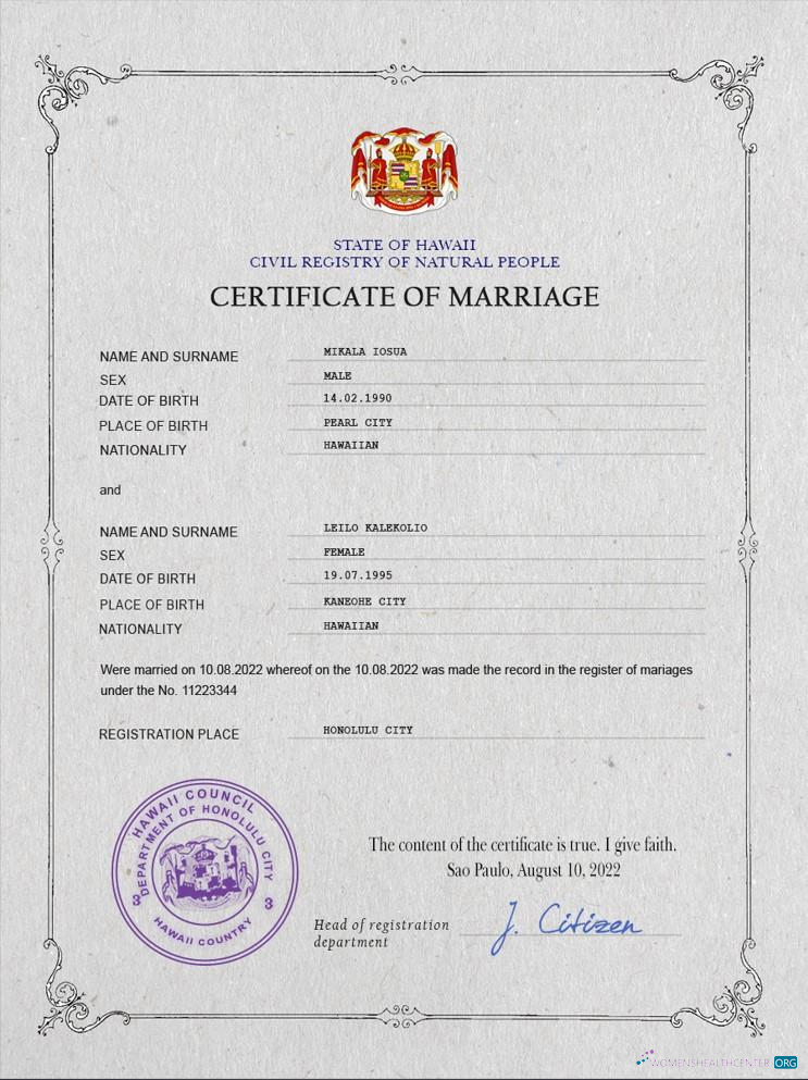 Редактируемый Скачать Hawaii Marriage Certificate PSD Шаблон Photoshop Шаблон