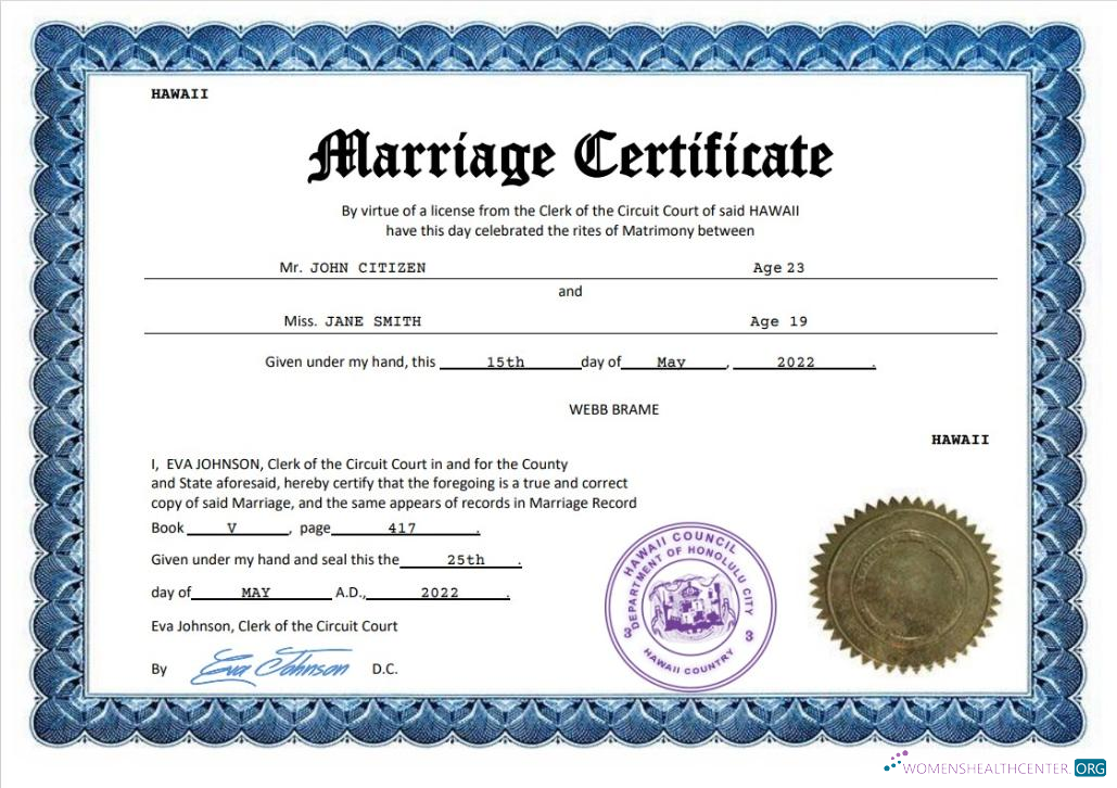 Редактируемый Скачать Hawaii Marriage Certificate Word и PDF Шаблон Photoshop Шаблон