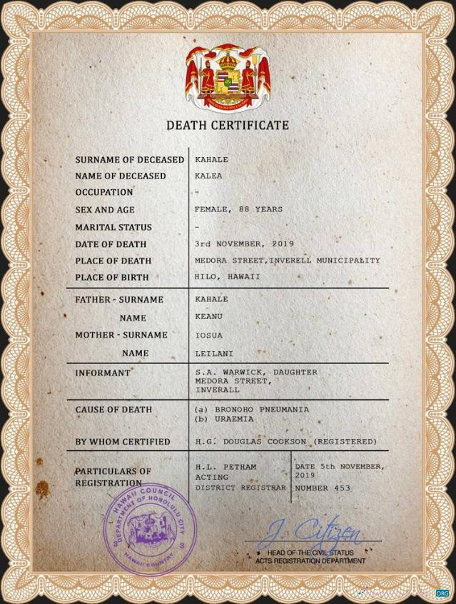 Качественный Скачать Hawaii Vital Record Death Certificate PSD Шаблон Photoshop Шаблон
