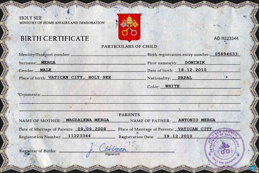 Редактируемый Скачать Holy See Vital Record Birth Certificate PSD Шаблон Photoshop Шаблон