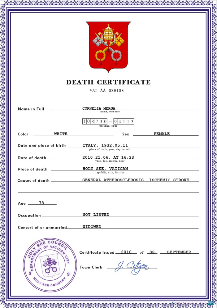 Редактируемый Скачать Holy See Vital Record Death Certificate PSD Шаблон Photoshop Шаблон