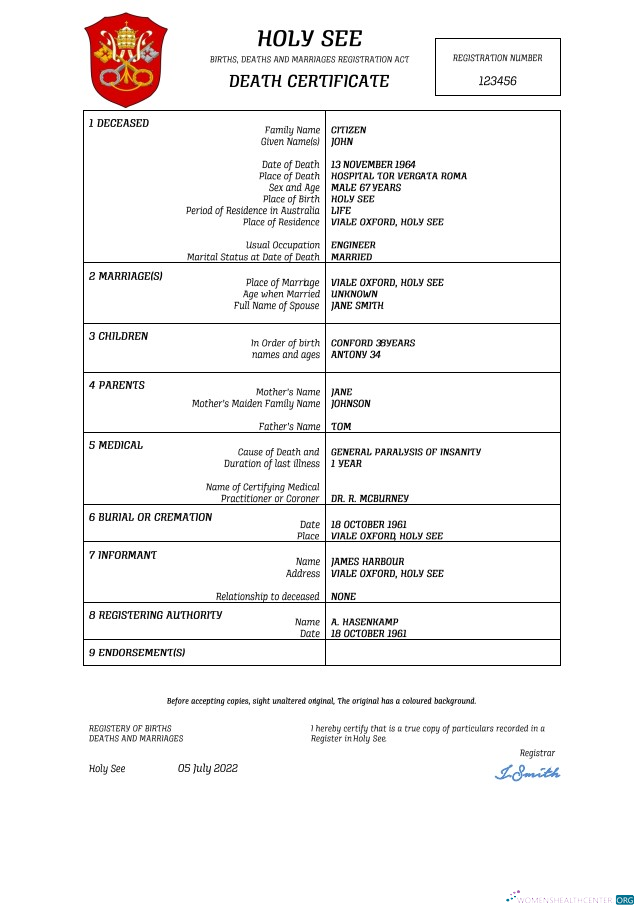 Премиум Скачать Holy See Vital Record Death Certificate Word и PDF Шаблон Photoshop Шаблон