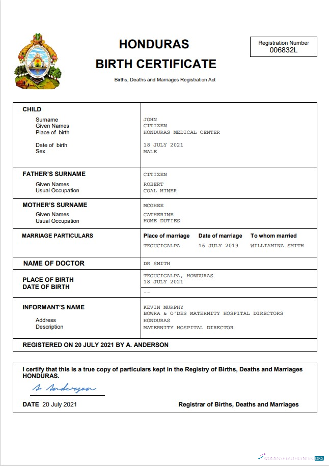Профессиональный Скачать Гондурас Birth Certificate Word и PDF Шаблон Photoshop Шаблон
