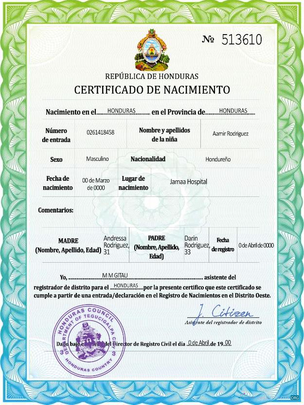 Премиум Скачать Гондурас Birth Certificate в Spanish Photoshop Шаблон