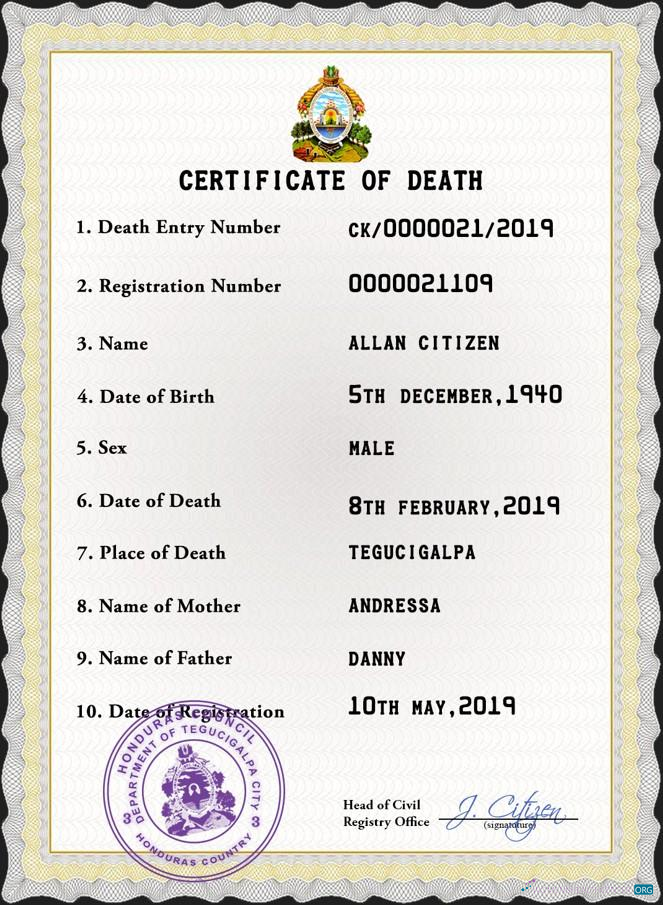 Редактируемый Скачать Гондурас Death Certificate PSD Шаблон Photoshop Шаблон