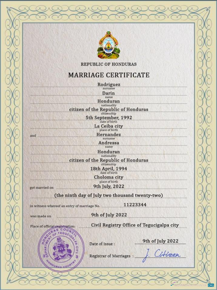 Премиум Скачать Гондурас Marriage Certificate PSD Шаблон Photoshop Шаблон