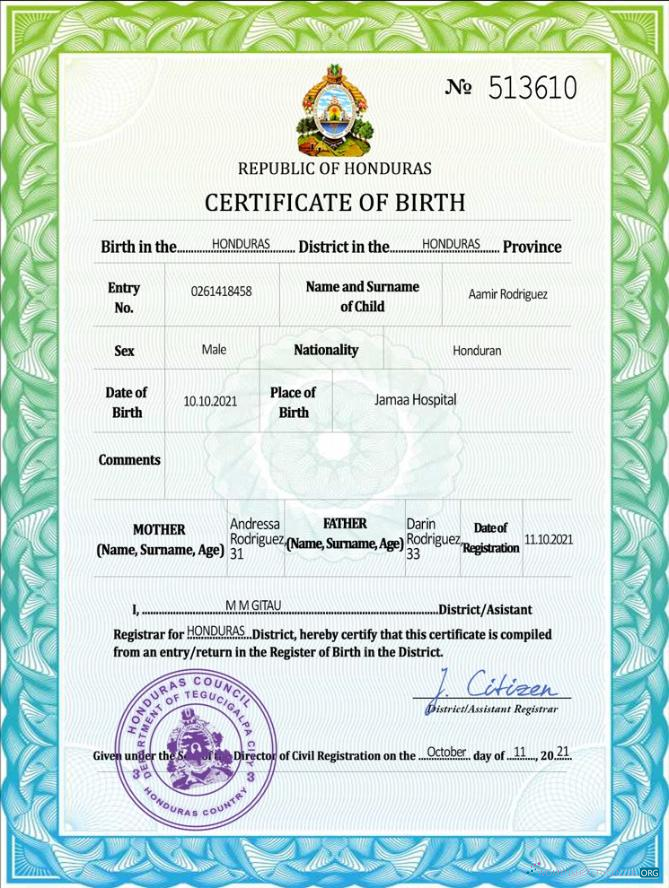 Реалистичный Скачать Гондурас Vital Record Birth Certificate PSD Photoshop Шаблон