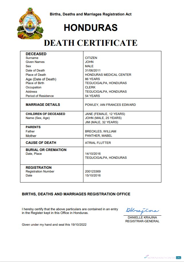 Редактируемый Скачать Гондурас Vital Record Death Certificate Word и PDF Шаблон Photoshop Шаблон