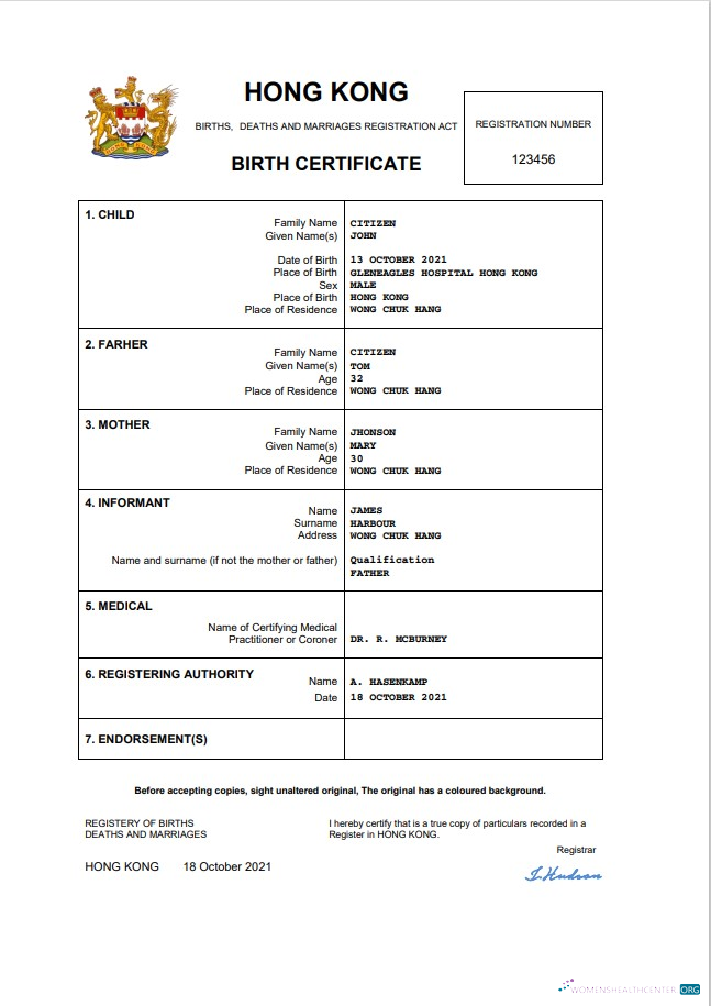 Редактируемый Скачать Hong Kong Birth Certificate Word и PDF Шаблон Photoshop Шаблон