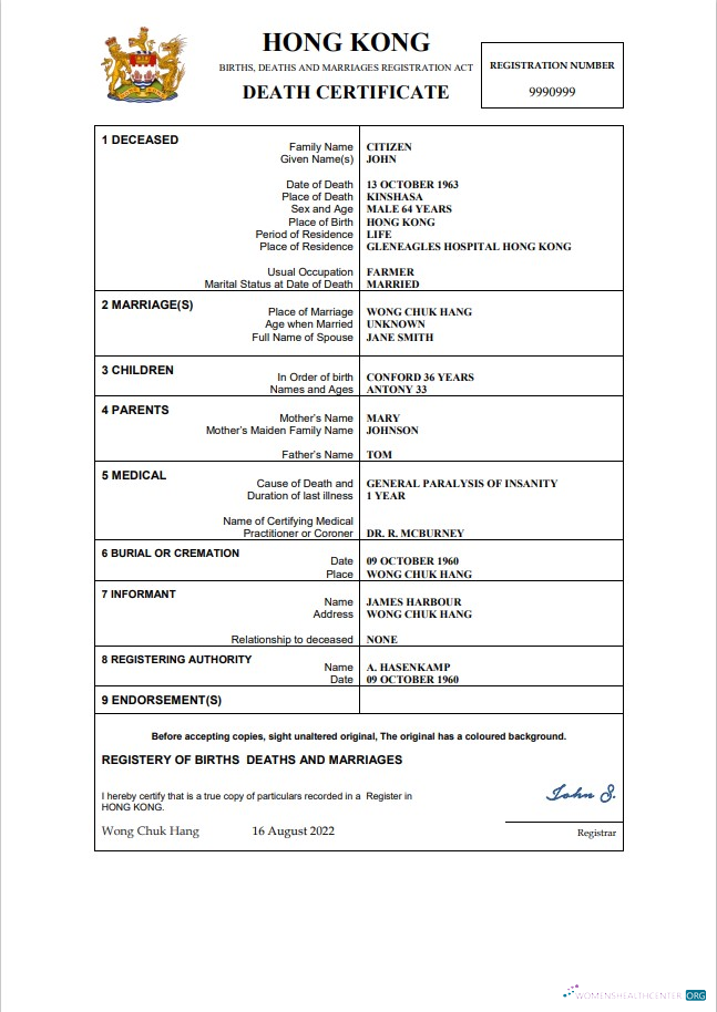 Редактируемый Скачать Hong Kong Death Certificate Word и PDF Шаблон, Photoshop Шаблон