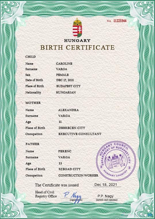 Профессиональный Скачать Венгрия Birth Certificate PSD Шаблон Photoshop Шаблон
