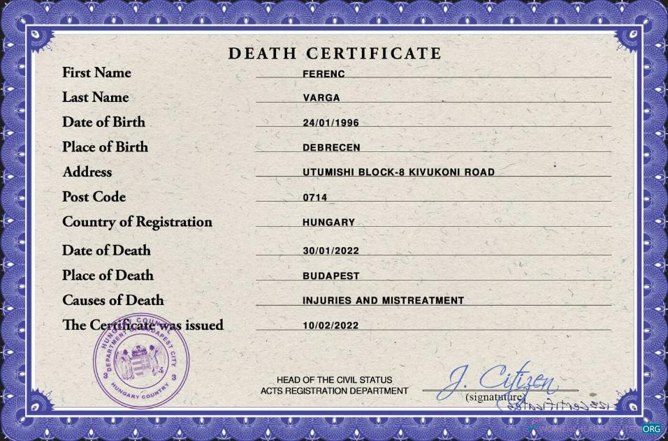 Профессиональный Скачать Венгрия Vital Record Death Certificate PSD Photoshop Шаблон