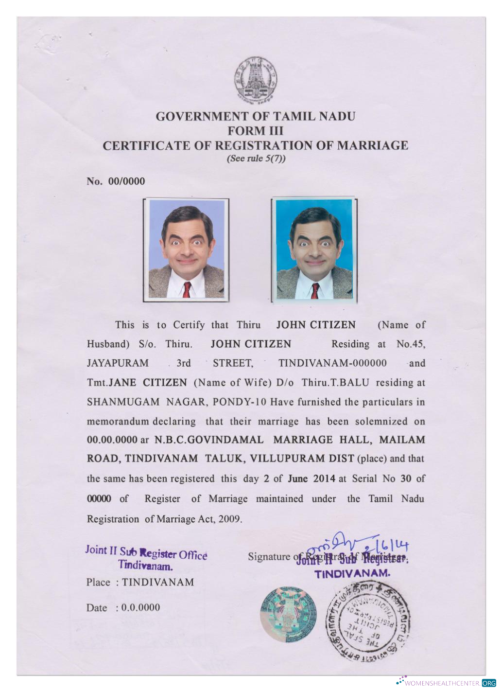 Качественный Скачать Индия (TAMIL NADU) Marriage Certificate Photoshop Шаблон