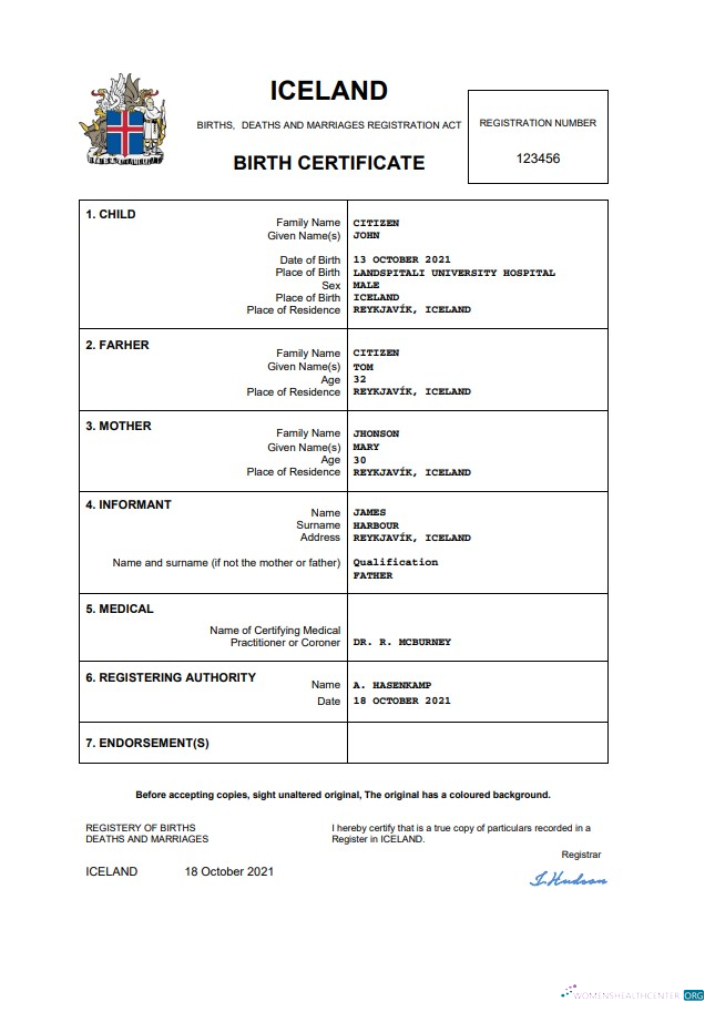 Редактируемый Скачать Исландия Birth Certificate Word и PDF Photoshop Шаблон