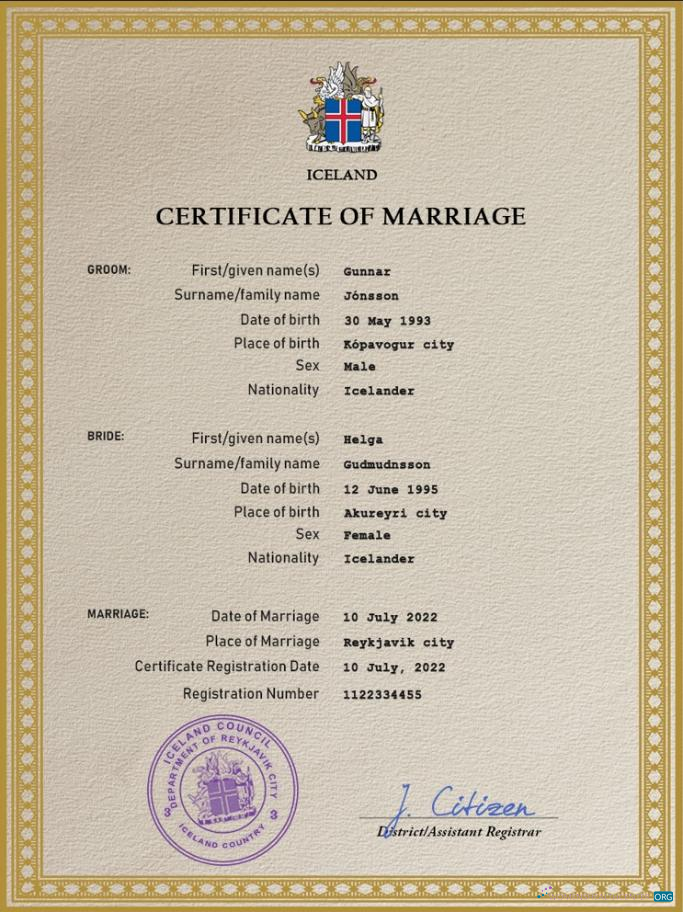 Реалистичный Скачать Исландия Marriage Certificate PSD Шаблон Photoshop Шаблон