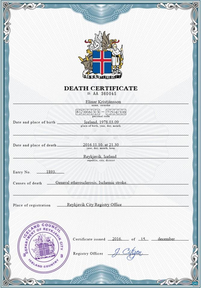 Редактируемый Скачать Исландия Vital Record Death Certificate PSD Шаблон Photoshop Шаблон