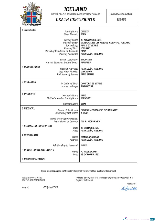 Реалистичный Скачать Исландия Vital Record Death Certificate Word и PDF Шаблон Photoshop Шаблон