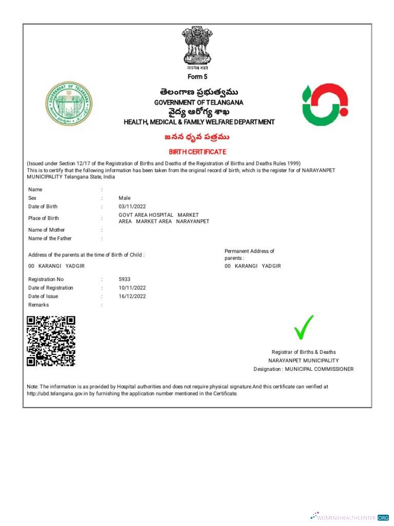 Качественный Скачать Индия Департамент Health, Medical и Family Welfare Birth Certificate Photoshop Шаблон