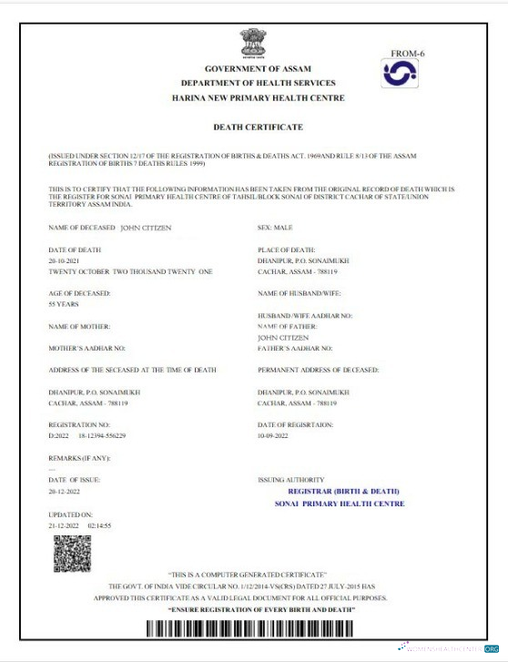 Профессиональный Скачать Индия Government Assam Death Certificate Photoshop Шаблон