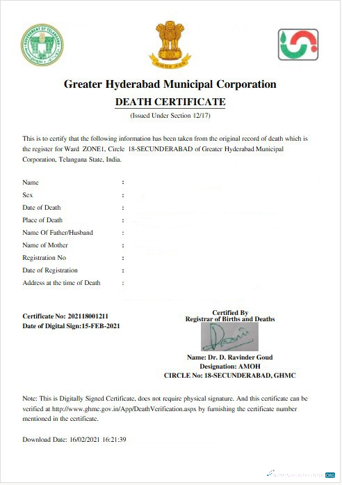 Реалистичный Скачать Индия Greater Hyderabad Муниципальный Корпорация Death Certificate Photoshop Шаблон