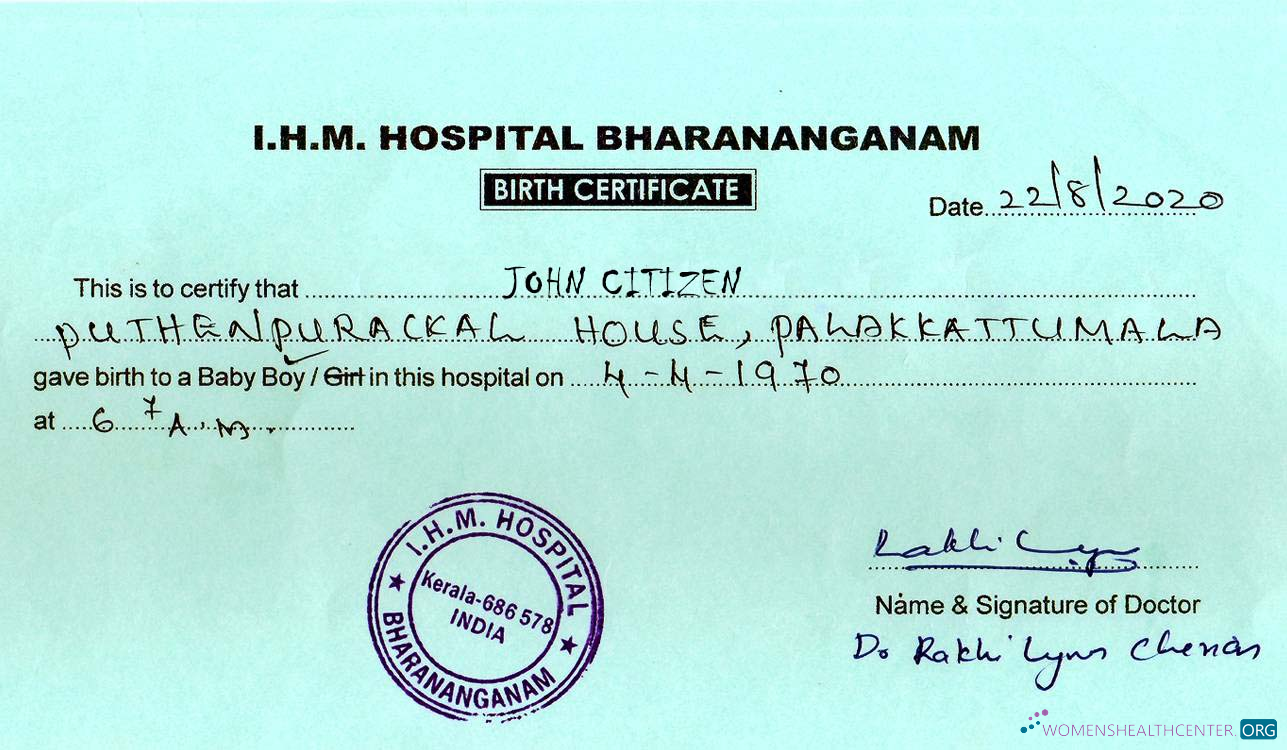 Премиум Скачать Индия I.H.M. Bharananganam Hospital Birth Certificate Photoshop Шаблон