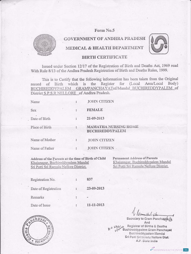 Премиум Скачать Индия Medical & Health Департамент Government Andhra Pradesh Birth Certificate Photoshop Шаблон