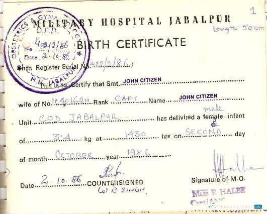 Реалистичный Скачать Индия Military Hospital Birth Certificate Photoshop Шаблон
