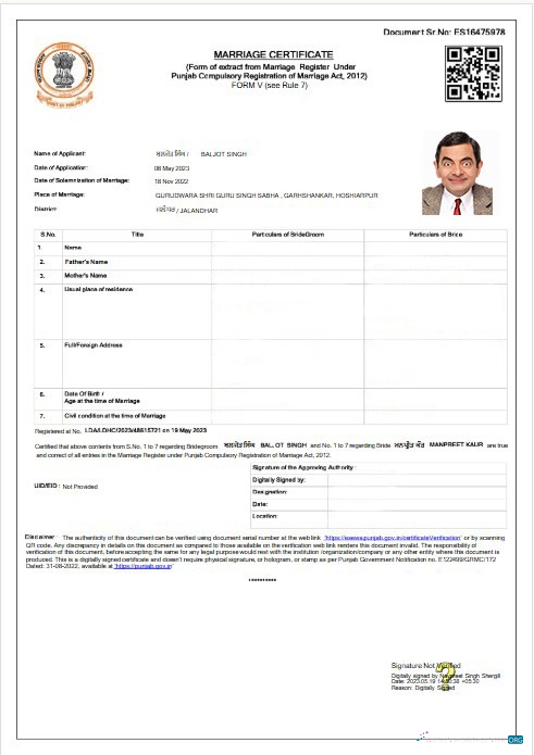 Реалистичный Скачать Индия Punjab Marriage Registrar Marriage Certificate Photoshop Шаблон