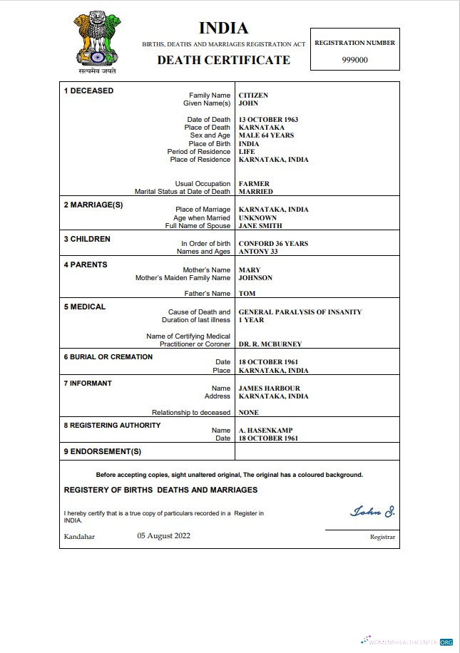 Качественный Скачать Индия Death Certificate Word и PDF Шаблон, Photoshop Шаблон