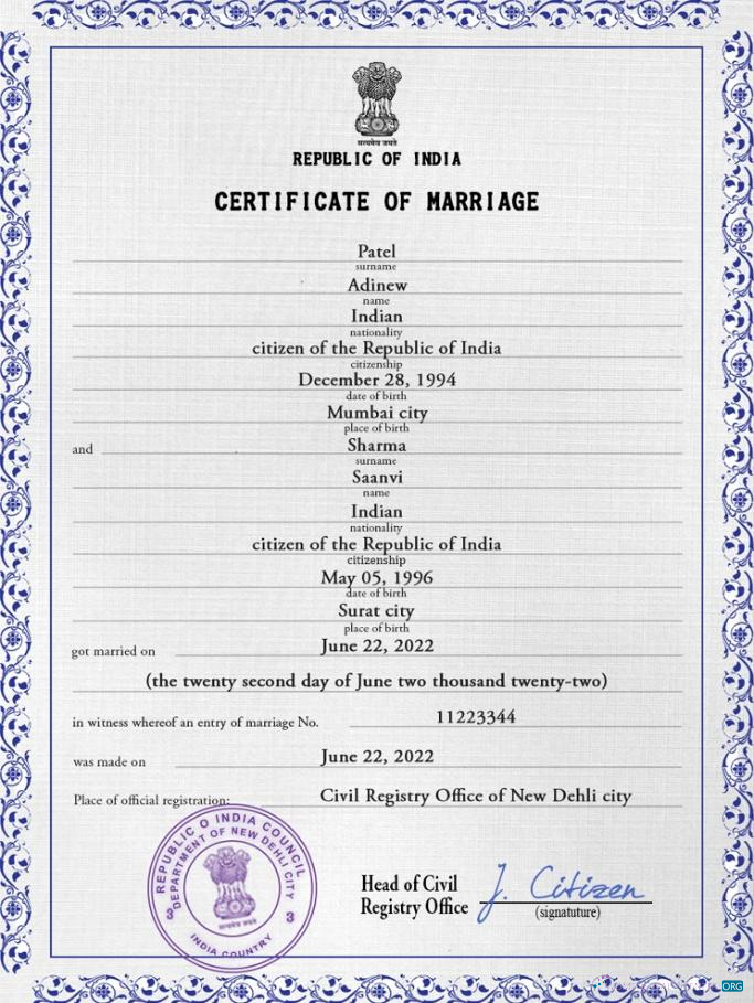 Реалистичный Скачать Индия Marriage Certificate PSD Шаблон, Fully Editable Photoshop Шаблон